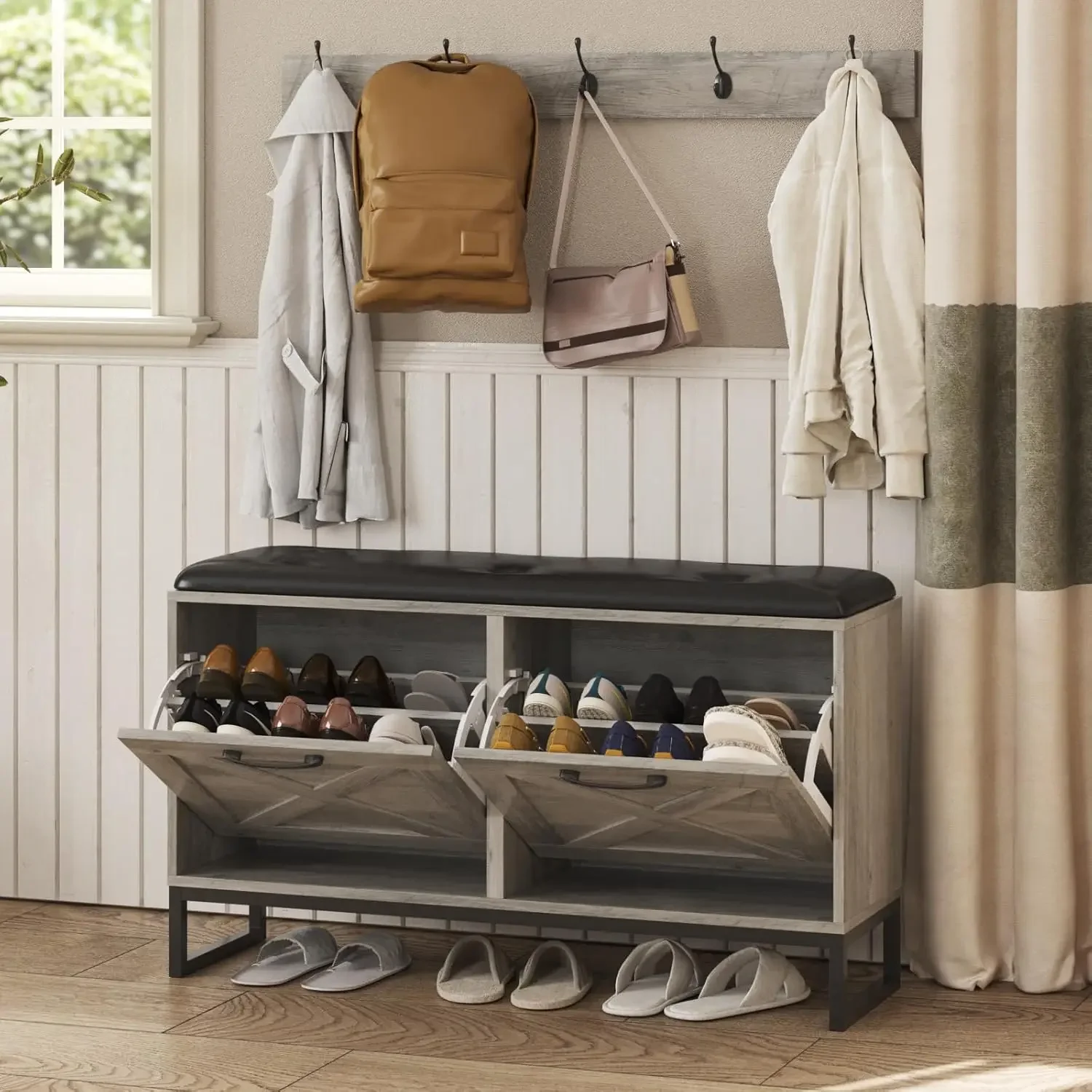 Entryway bench with back support showing proper seating height