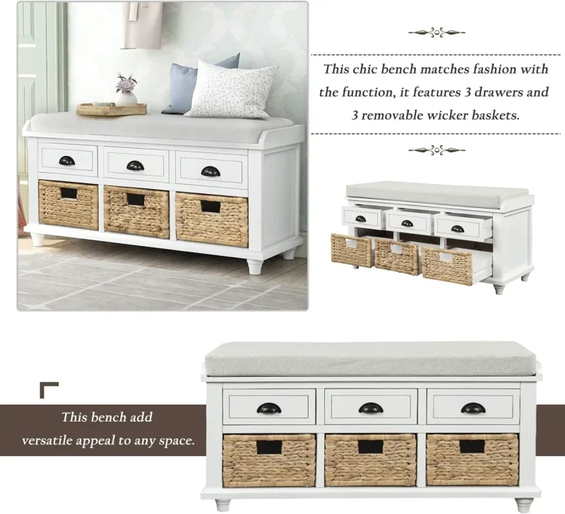 Modern Storage Bench with Drawers, Baskets and Cushion for Entryway and Bedroom - Image 6