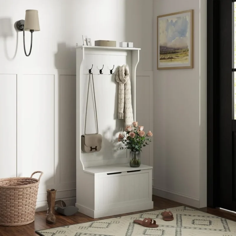 Rustic Wood Hall Tree with Coat Hooks and Shoe Storage Bench for Entryway
