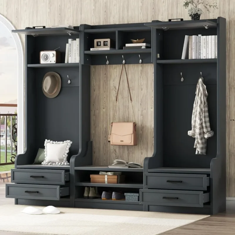 Modern Dark Blue Entryway Hall Tree with Storage Bench and 7 Hooks for Mudroom