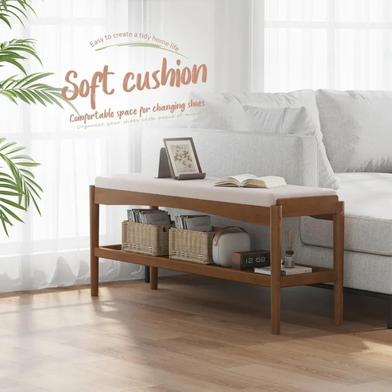 Natural Bamboo Entryway Bench with Cushioned Seat and 2-Tier Shoe Storage - Image 4