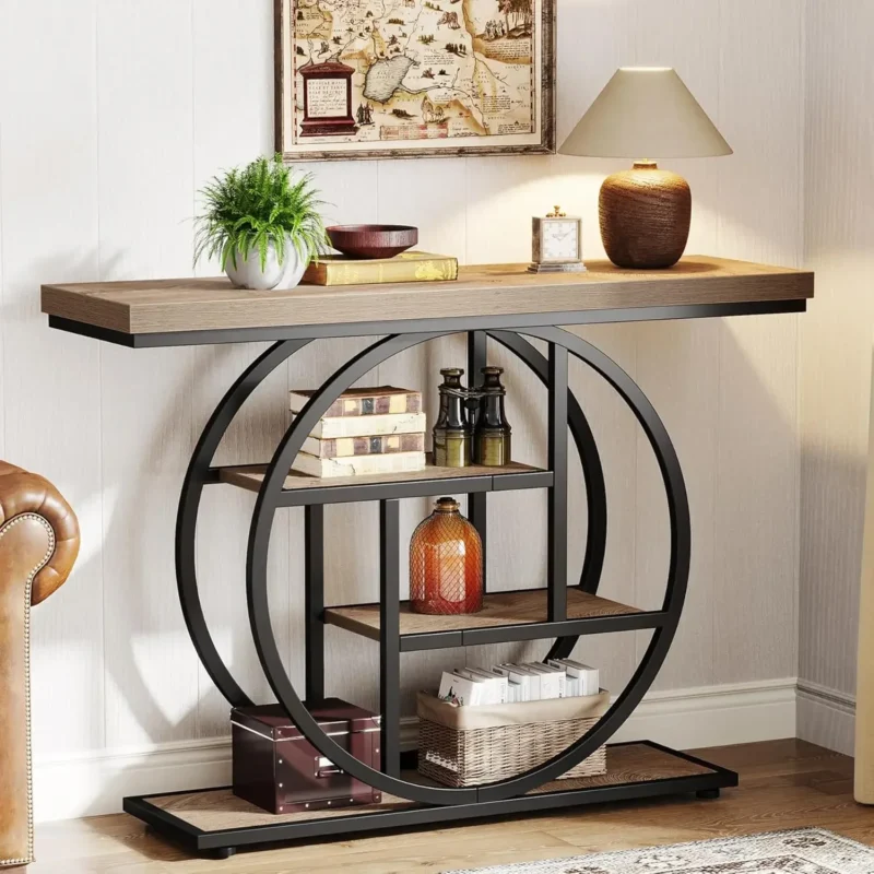 Industrial Wood Entryway Console Table with Storage Shelves and Metal Circle Base - Image 10