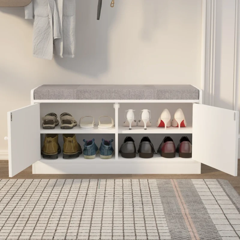 Modern Wooden Entryway Bench with Shoe Storage Cabinet and Cushioned Seat - Image 6