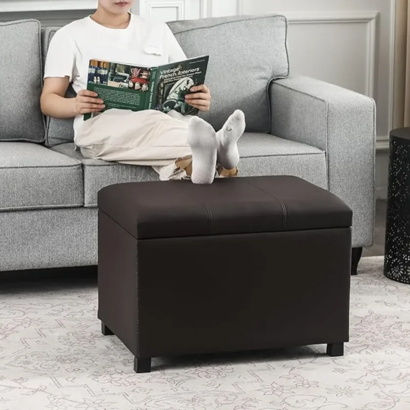 Classic Brown Leather Storage Ottoman Bench with Hidden Storage for Living Room and Entryway - Image 6