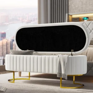 Modern Velvet Upholstered Storage Bench with Gold Legs for Bedroom and Entryway