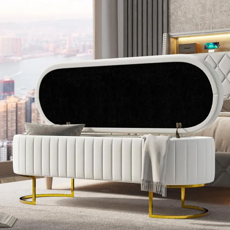 Modern Velvet Upholstered Storage Bench with Gold Legs for Bedroom and Entryway