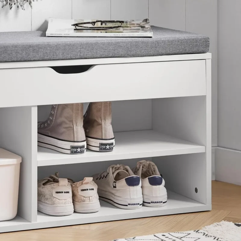 Modern Grey Entryway Bench with Shoe Storage and Padded Cushion for Hallway - Image 5