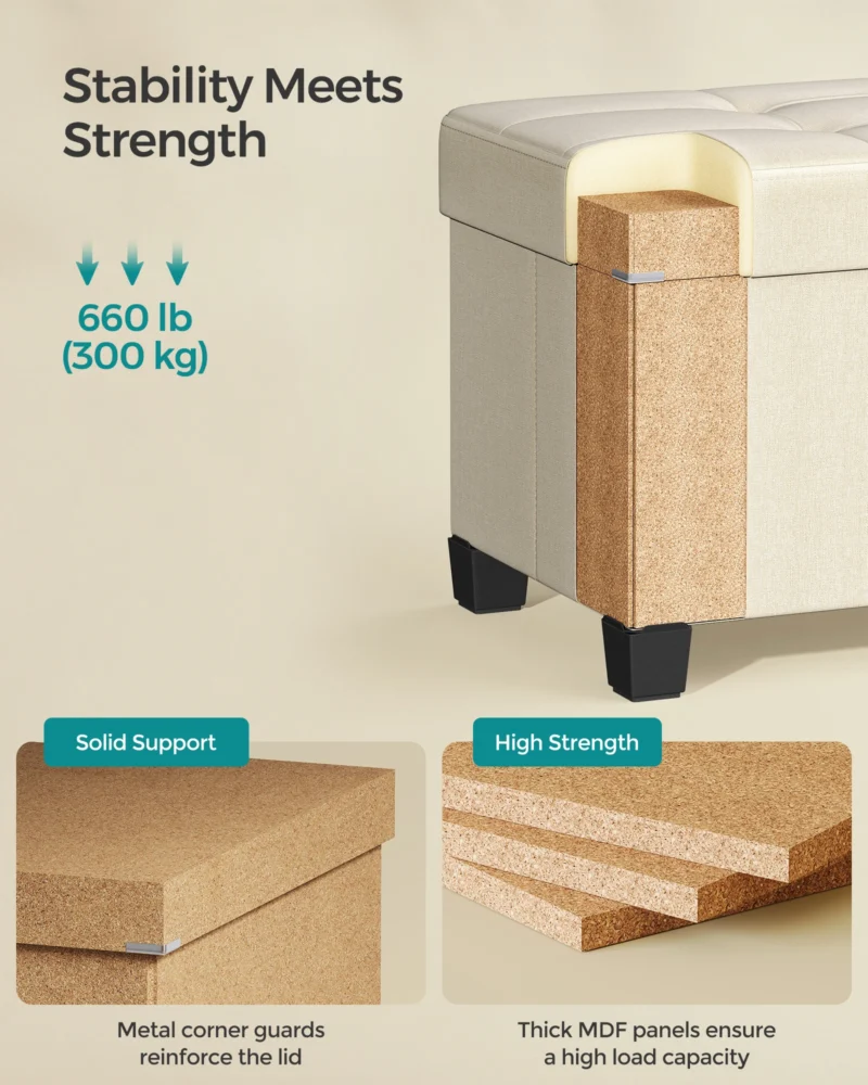 Modern Wooden Storage Ottoman Bench with Padded Seat for Bedroom and Living Room - Image 4