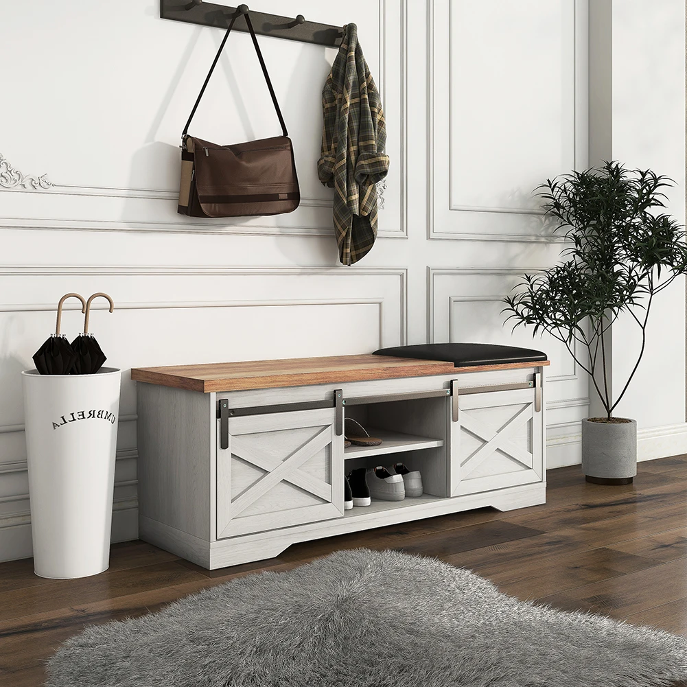 Stylish hallway bench with sliding door storage compartment and cushioned seat