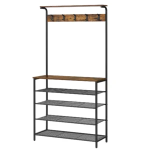 Modern Wooden Hall Tree with Shoe Bench and 5 Dual Hooks for Entryway