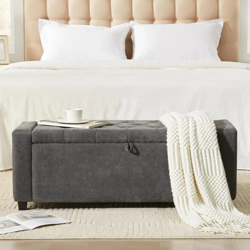 Modern Linen Upholstered Storage Ottoman Bench with Tufted Top for Bedroom and Entryway - Image 8