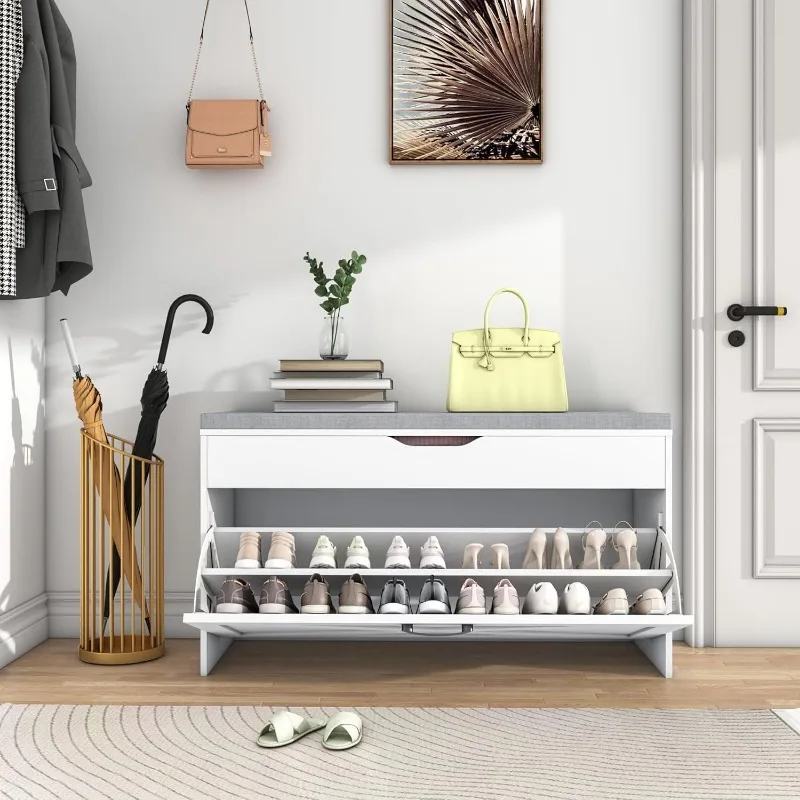 Contemporary minimal padded bench with clean lines and practical storage