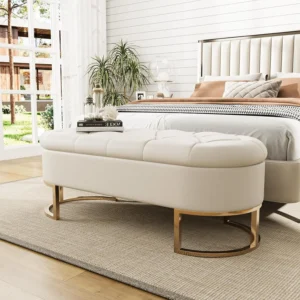 Modern Faux Leather Storage Ottoman Bench with Metal Legs for Entryway and Living Room