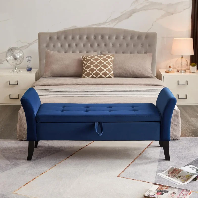 Modern Velvet Tufted Storage Ottoman Bench with Wooden Legs for Bedroom and Living Room - Image 4