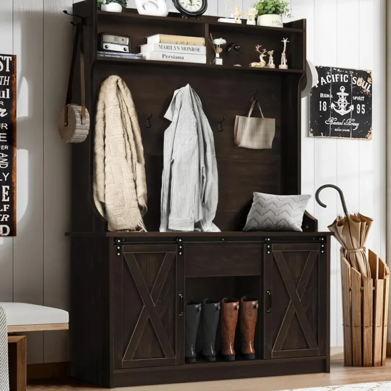 Industrial Hall Tree Bench with 5-in-1 Storage Solution for Entryway Organization - Image 7