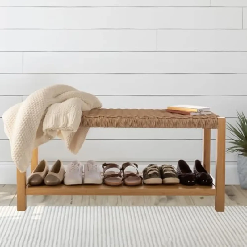 Modern Rustic Woven Rope Entryway Bench with Storage Shelf for Bedroom and Living Room - Image 2
