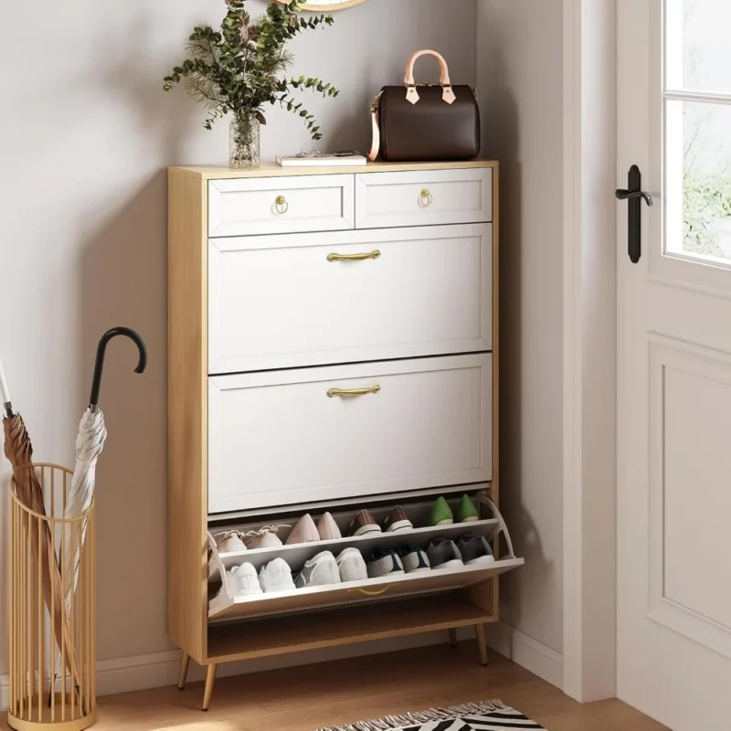 Modern Wooden Entryway Shoe Cabinet with 5 Drawers and Metal Legs for Home Organization