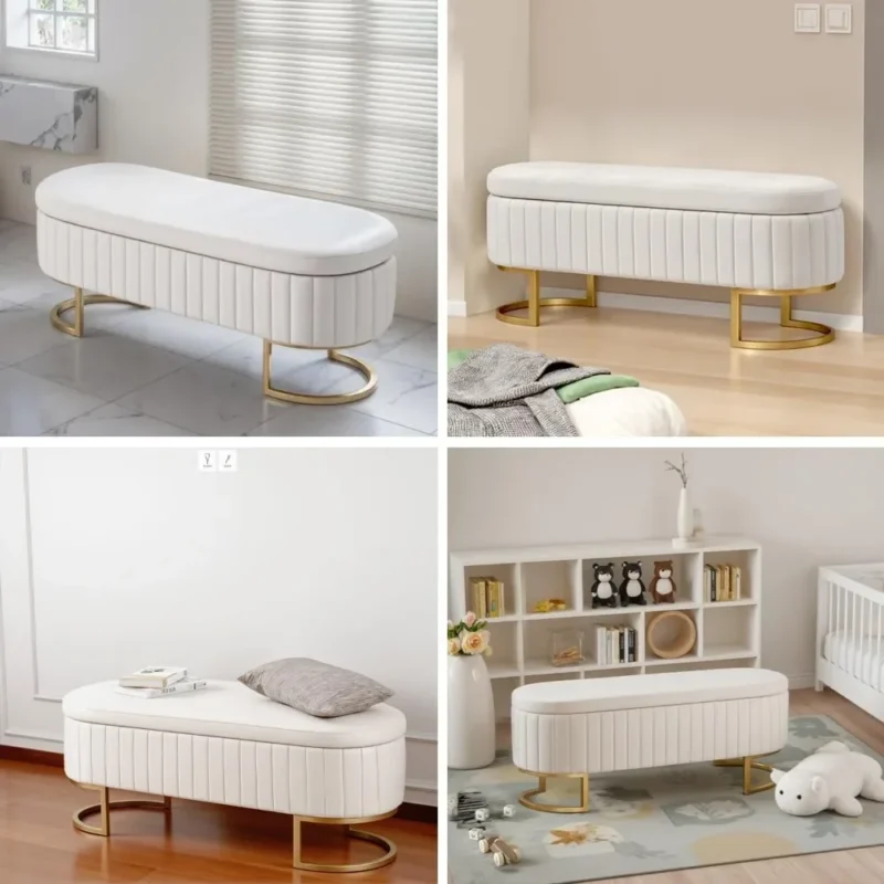 Modern Velvet Upholstered Storage Bench with Gold Legs for Entryway and Living Room - Image 6