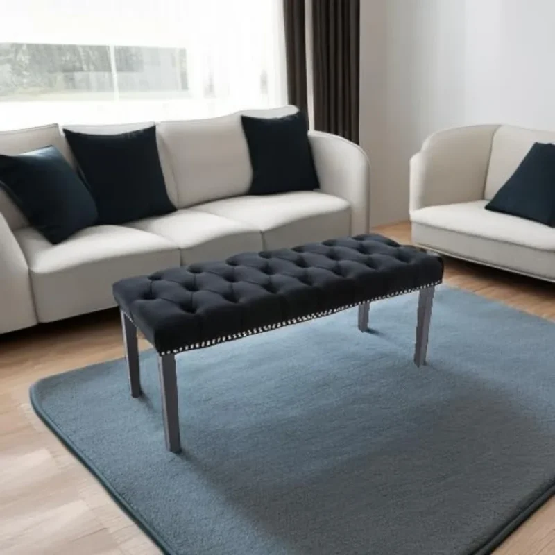 Modern Velvet Button-Tufted Ottoman Bench with Rubberwood Frame for Living Room and Entryway - Image 5