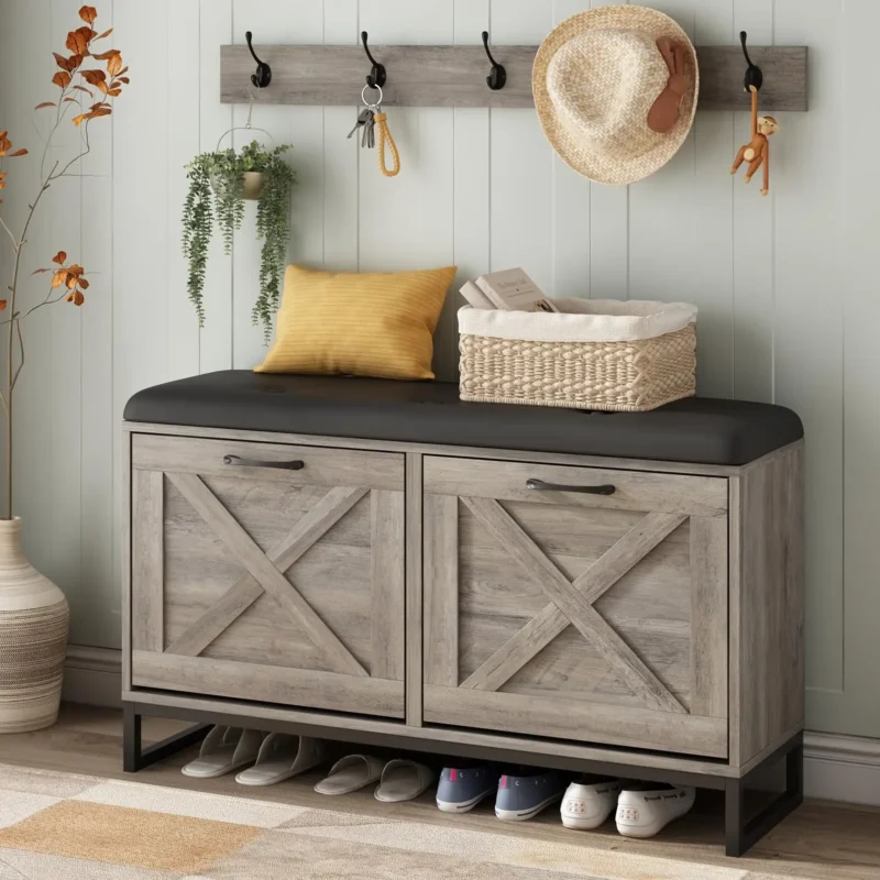 Modern Wooden Hall Tree Bench with Padded Cushion and Shoe Storage for Entryway - Image 4