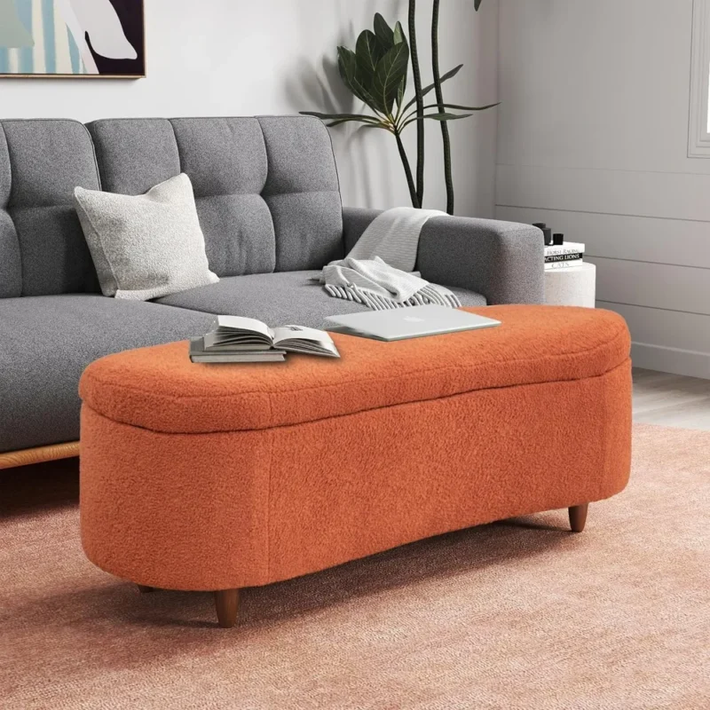 Modern Oval Storage Ottoman Bench with Teddy Fabric for Living Room and Bedroom - Image 3