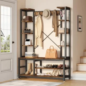 Industrial Wood Hall Tree with Bench and Shoe Storage for Entryway