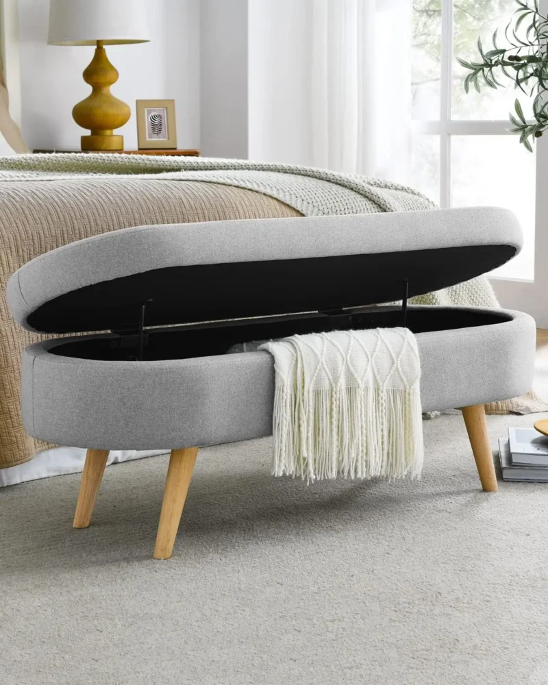 Modern Linen Upholstered Storage Bench with Wood Legs for Entryway and Living Room - Image 7