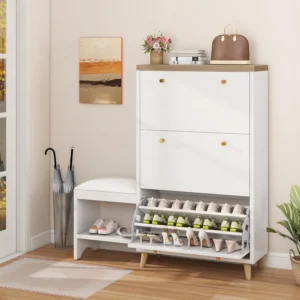 Modern Wooden Entryway Cabinet Bench with Hidden Shoe Storage for Narrow Hallways