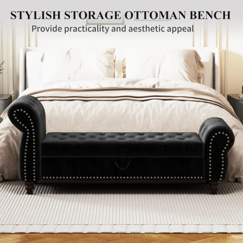 Modern Velvet Storage Ottoman Bench with Rolled Arms for Entryway and Bedroom - Image 3