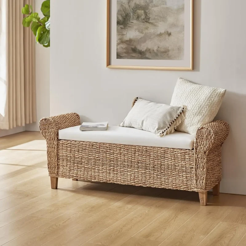 Rustic Upholstered Rattan Storage Ottoman Bench with Roll Arms for Bedroom & Living Room - Image 2