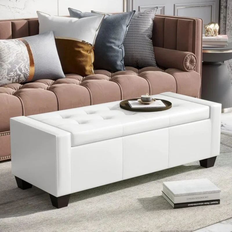 Modern Tufted Faux Leather Storage Ottoman Bench for Living Room and Entryway - Image 5
