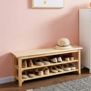 Natural Wood Entryway Bench with Shoe Storage Shelf for Hallway and Mudroom