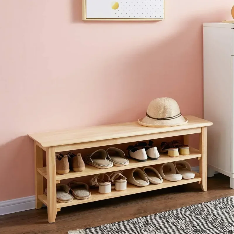 Natural Wood Entryway Bench with Shoe Storage Shelf for Hallway and Mudroom