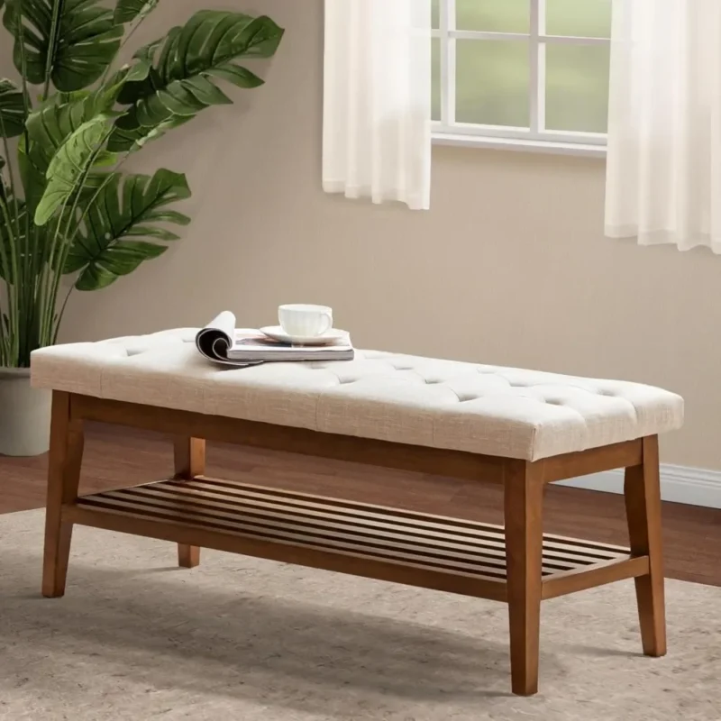 Modern Beige Upholstered Button-Tufted Entryway Bench with Wood Frame for Living Room - Image 3