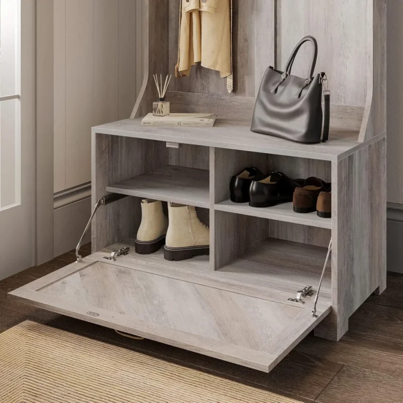 Modern Hall Tree Storage Bench with Coat Rack and Shoe Shelves for Entryway - Image 4