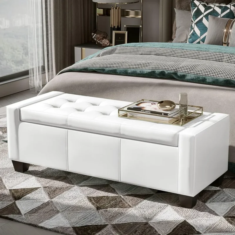Modern Tufted Faux Leather Storage Ottoman Bench for Living Room and Entryway - Image 2
