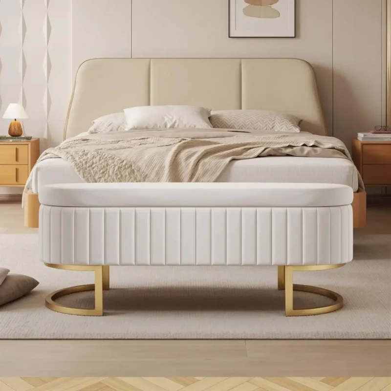 Modern Velvet Upholstered Storage Bench with Gold Legs for Entryway and Living Room - Image 7