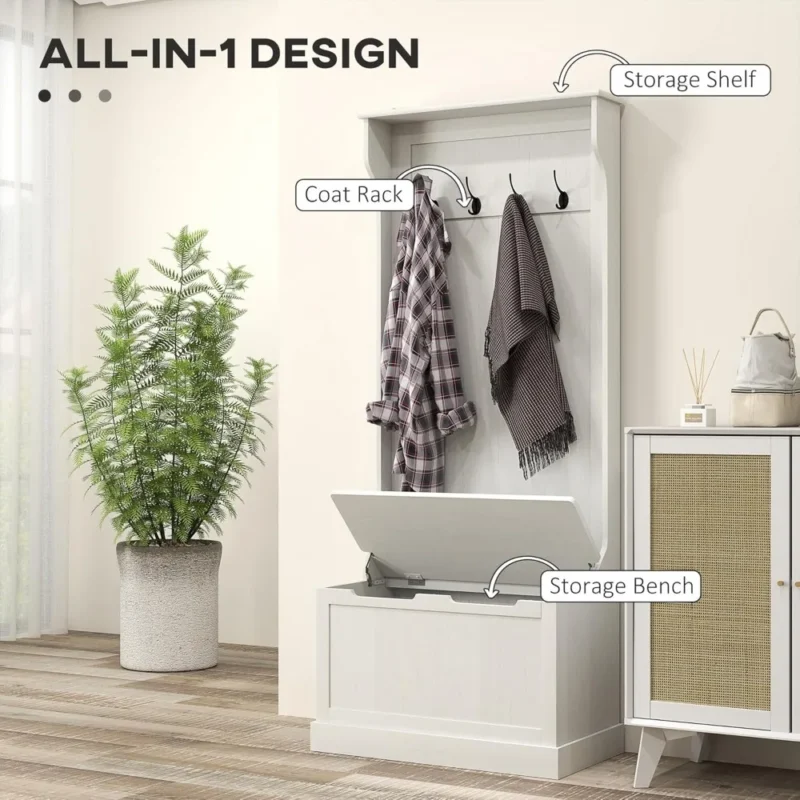 Rustic Wood Hall Tree with Coat Hooks and Shoe Storage Bench for Entryway - Image 2