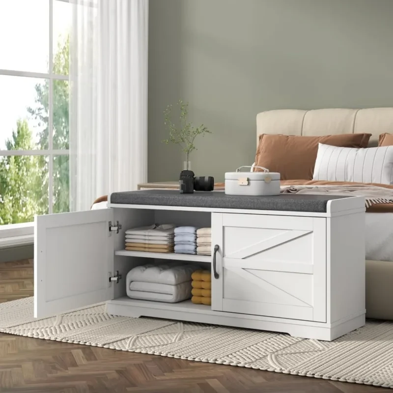 Farmhouse Wood Entryway Bench with Padded Seat and 2-Tier Shoe Storage - Image 4