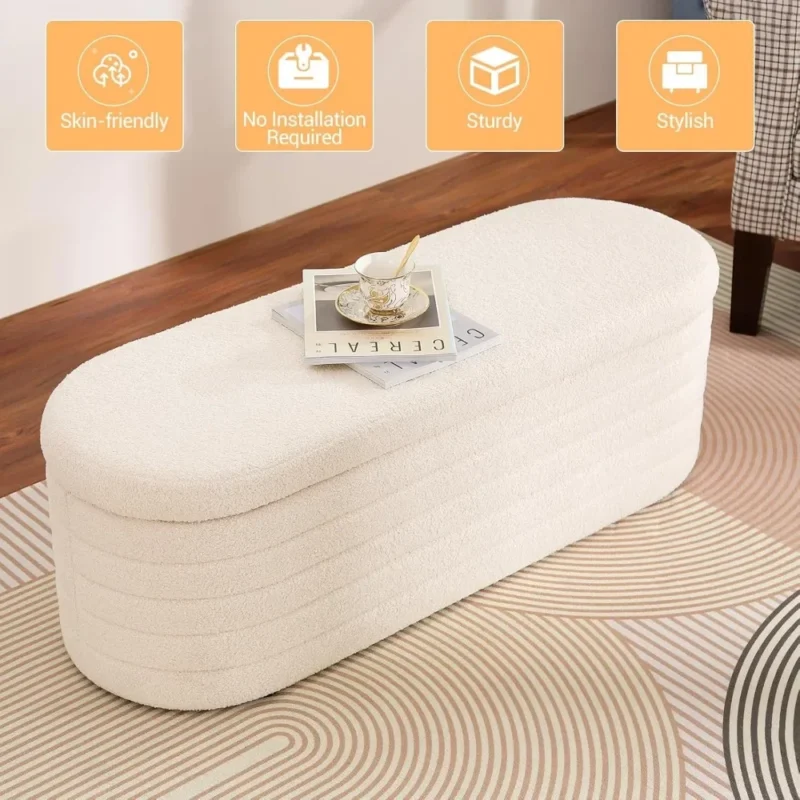 Modern Sherpa Upholstered Ottoman Storage Bench for Entryway and Living Room - Image 6