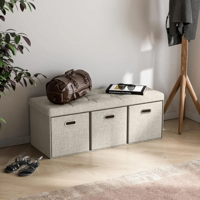Modern Tufted Linen Storage Ottoman Bench with 3 Drawer Cubes for Living Room - Image 3