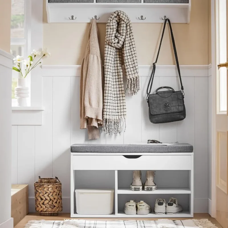 Modern Grey Entryway Bench with Shoe Storage and Padded Cushion for Hallway - Image 2