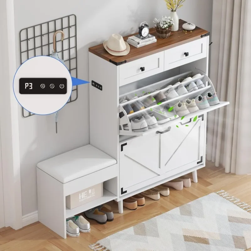 Modern Farmhouse Shoe Storage Bench with 4 Drawers for Entryway and Hallway