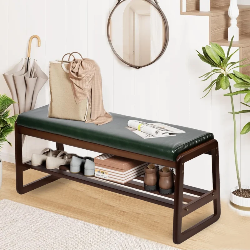 Modern Wood Entryway Bench with Cushioned Seat and Shoe Storage Rack for Hallway - Image 8