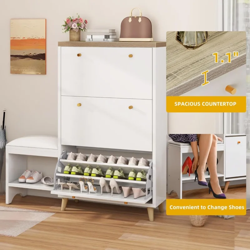 Modern Wooden Entryway Cabinet Bench with Hidden Shoe Storage for Narrow Hallways - Image 5