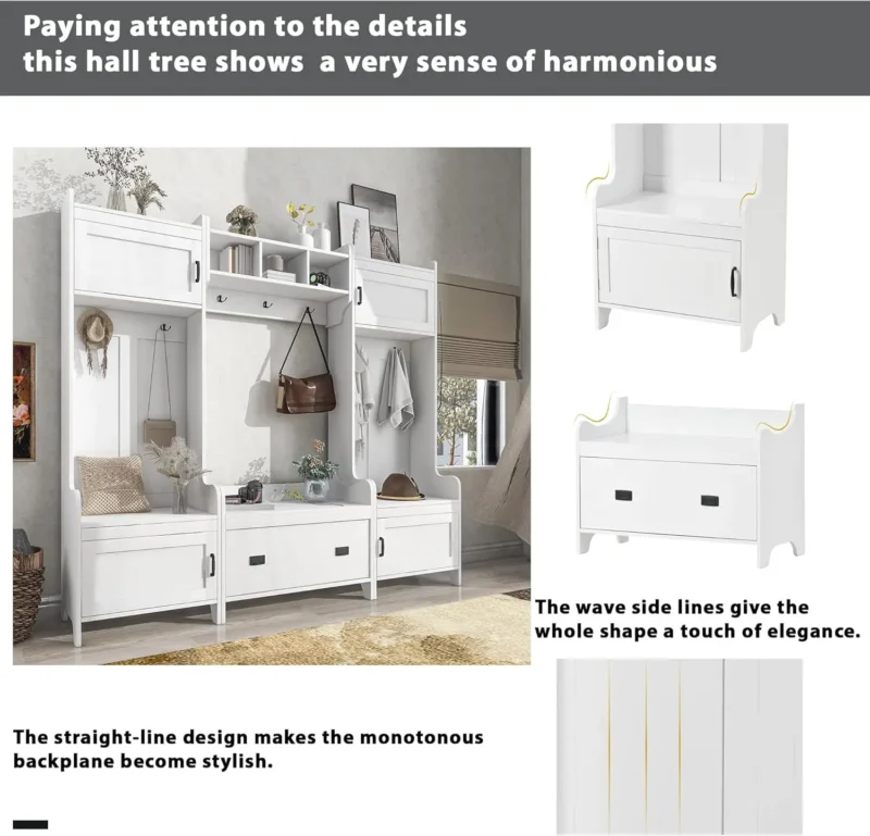 Modern Hall Tree Storage Bench with Coat Rack and Shoe Cabinet for Entryway - Image 4