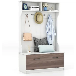 Rustic Wood Hall Tree with Storage Bench and 5 Double Hooks for Entryway