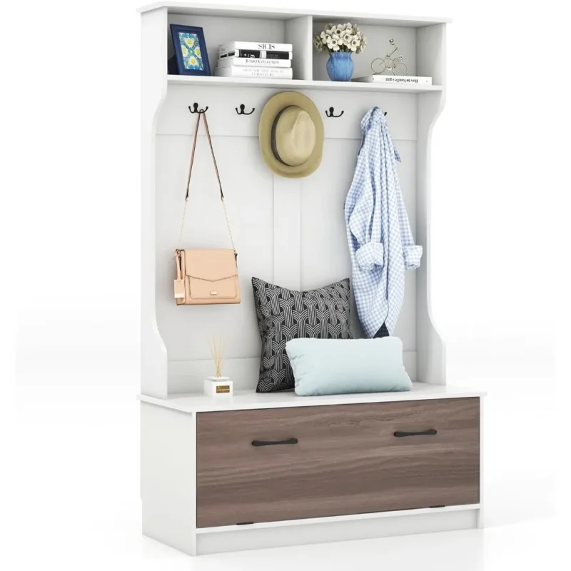Rustic Wood Hall Tree with Storage Bench and 5 Double Hooks for Entryway