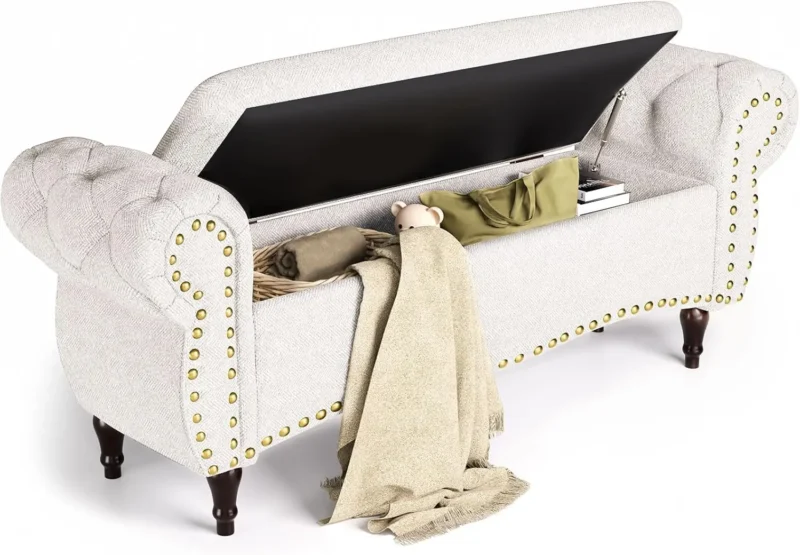 Modern Upholstered Storage Ottoman Bench with Rolled Arms for Living Room and Bedroom - Image 8