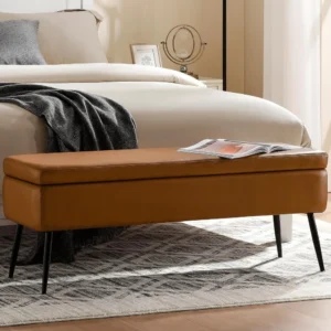 Mid-Century Modern Faux Leather Storage Ottoman Bench with Metal Frame for Entryway and Living Room